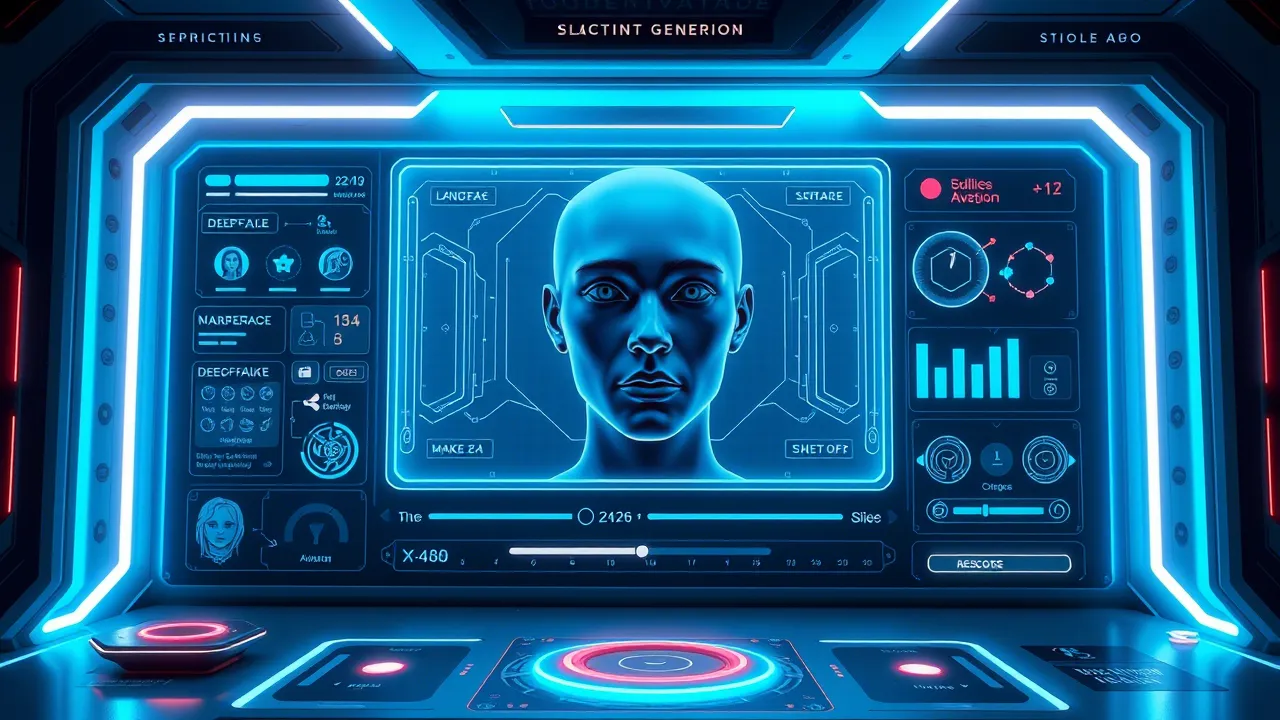 Стилизованный интерфейс программы для генерации AI-контента, иллюстрирующий создание дипфейков.