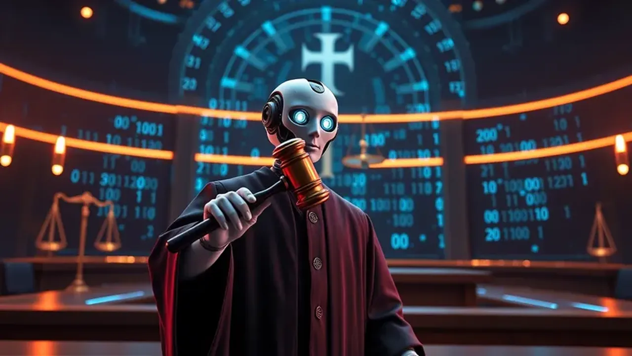Imagen conceptual de un juez de IA con un mazo digital, simbolizando la justicia digital.