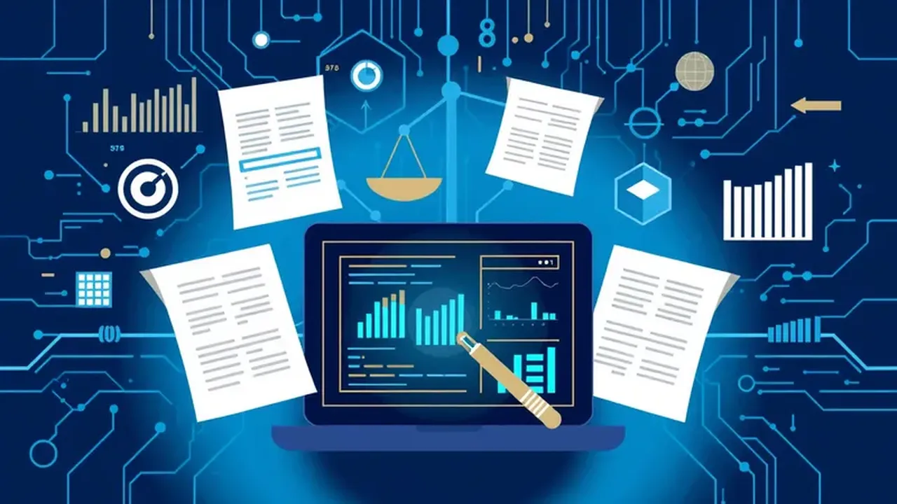 Ilustración de la IA analizando documentos y datos legales.