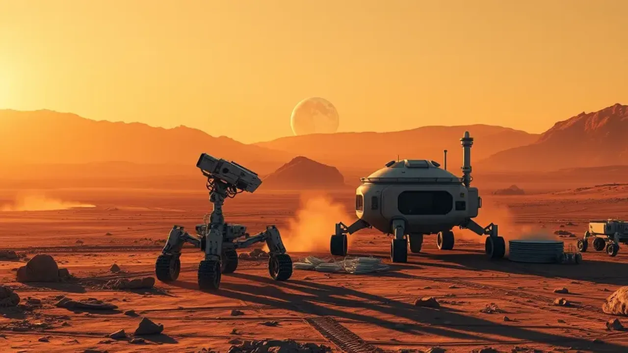 Imagen conceptual de robots de IA construyendo una base en Marte con la Tierra de fondo.