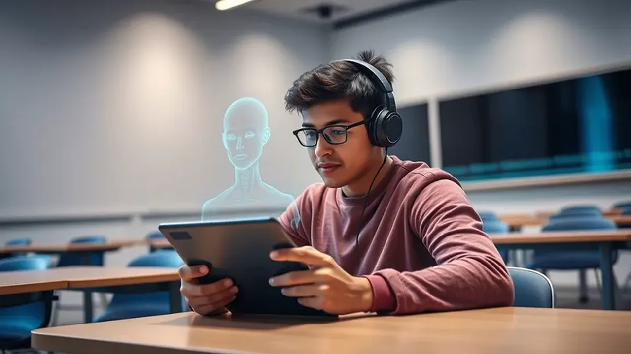 Un estudiante interactuando con un tutor de IA futurista en una tableta.