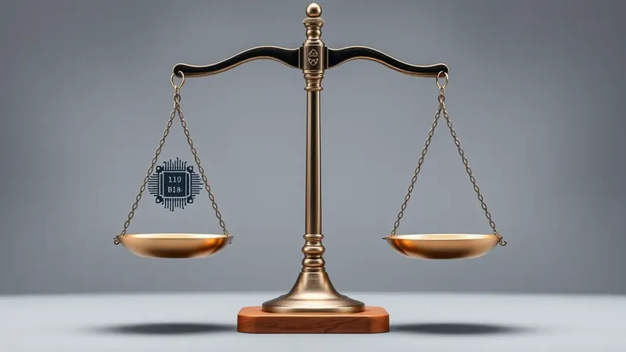 Balanza de la justicia con un símbolo de sesgo algorítmico.