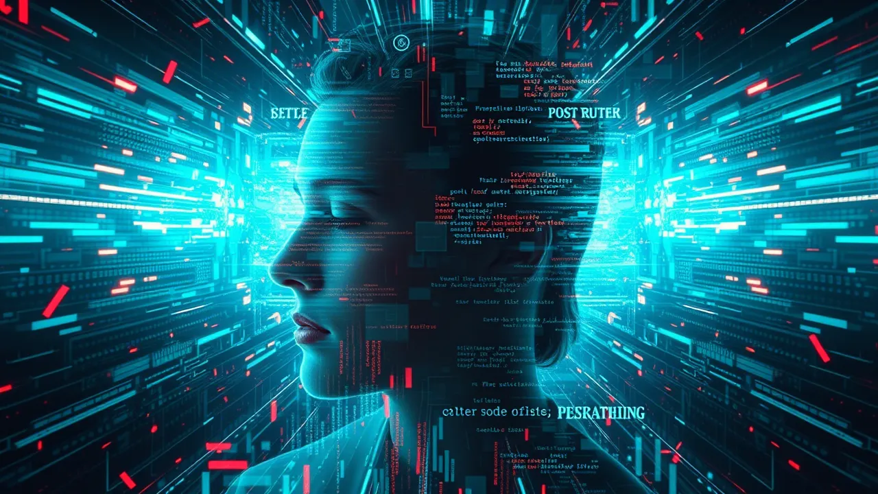 Концептуальное изображение расколотой реальности с элементами цифровых искажений и AI, символизирующее эпоху пост-правды и дипфейки.