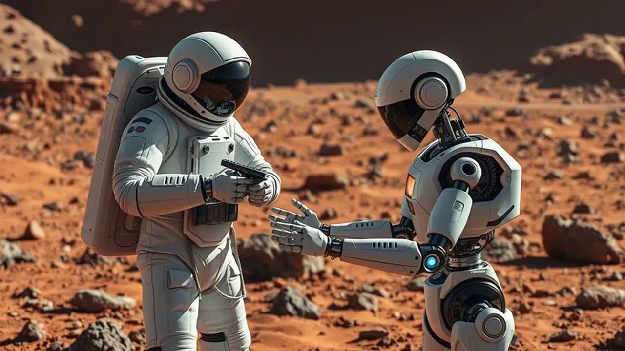Un astronauta y un robot de IA trabajando juntos en la superficie de Marte.