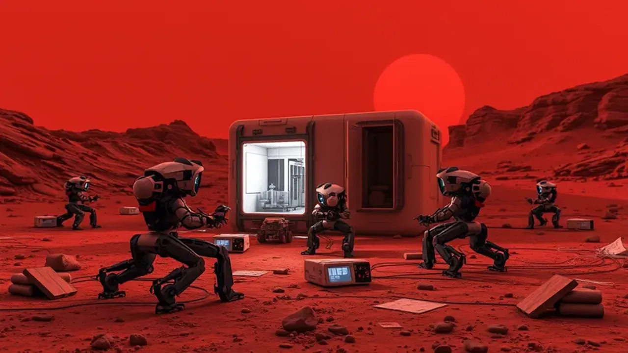 Robots utilizando tecnologías como la impresión 3D para construir una base marciana.