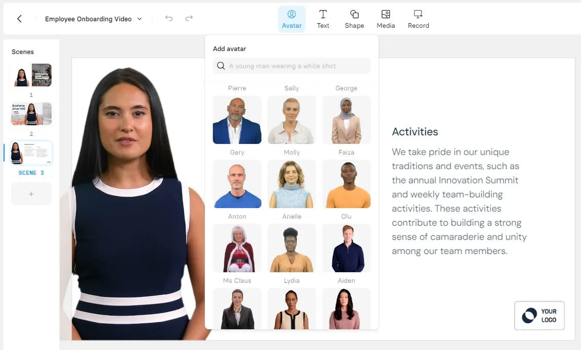 Ejemplo de selección de un avatar de IA y voz en la interfaz de Synthesia.
